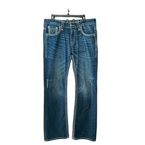 Rock Revival Mens Bruno Boot Denim Jeans 34 Distressed Thick Stitch 100% Cotton